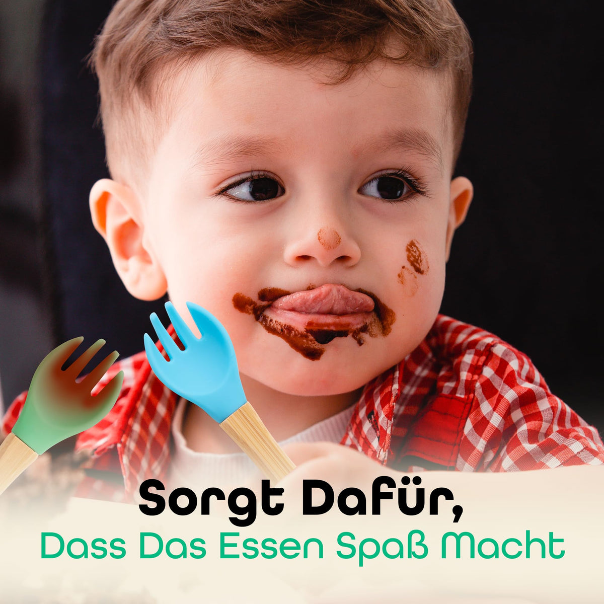 Kindergabelset - 2-tlg. - Grün & Lila mit kindgerechtem Design aus Bambus und weichem Griff für einfaches und sicheres Essenlernen bei Kleinkindern.