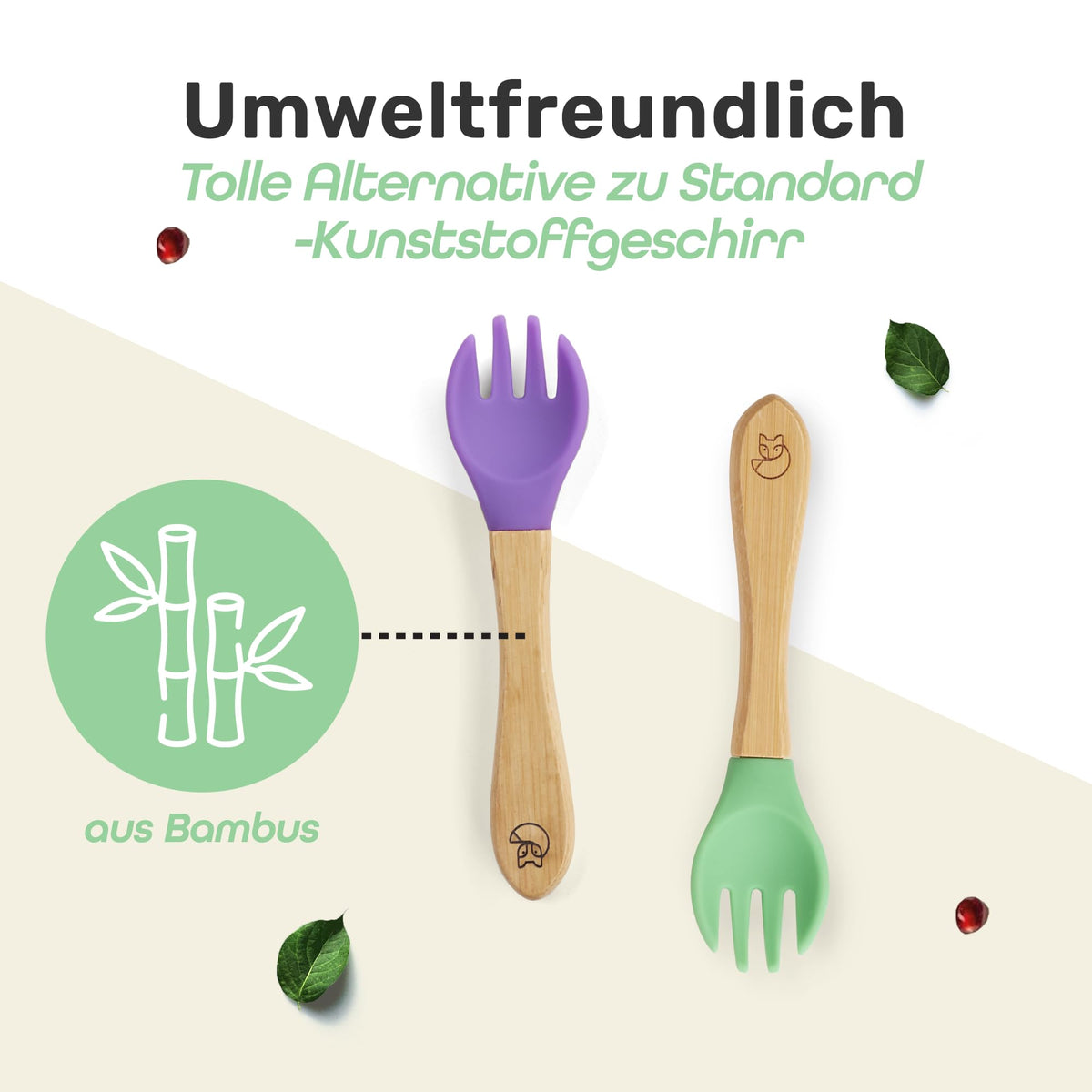 Kindergabelset - 2-tlg. - Grün & Lila mit nachhaltigen Bambusgriffen und kindgerechten, weichen Silikonspitzen für sicheres Essenlernen.