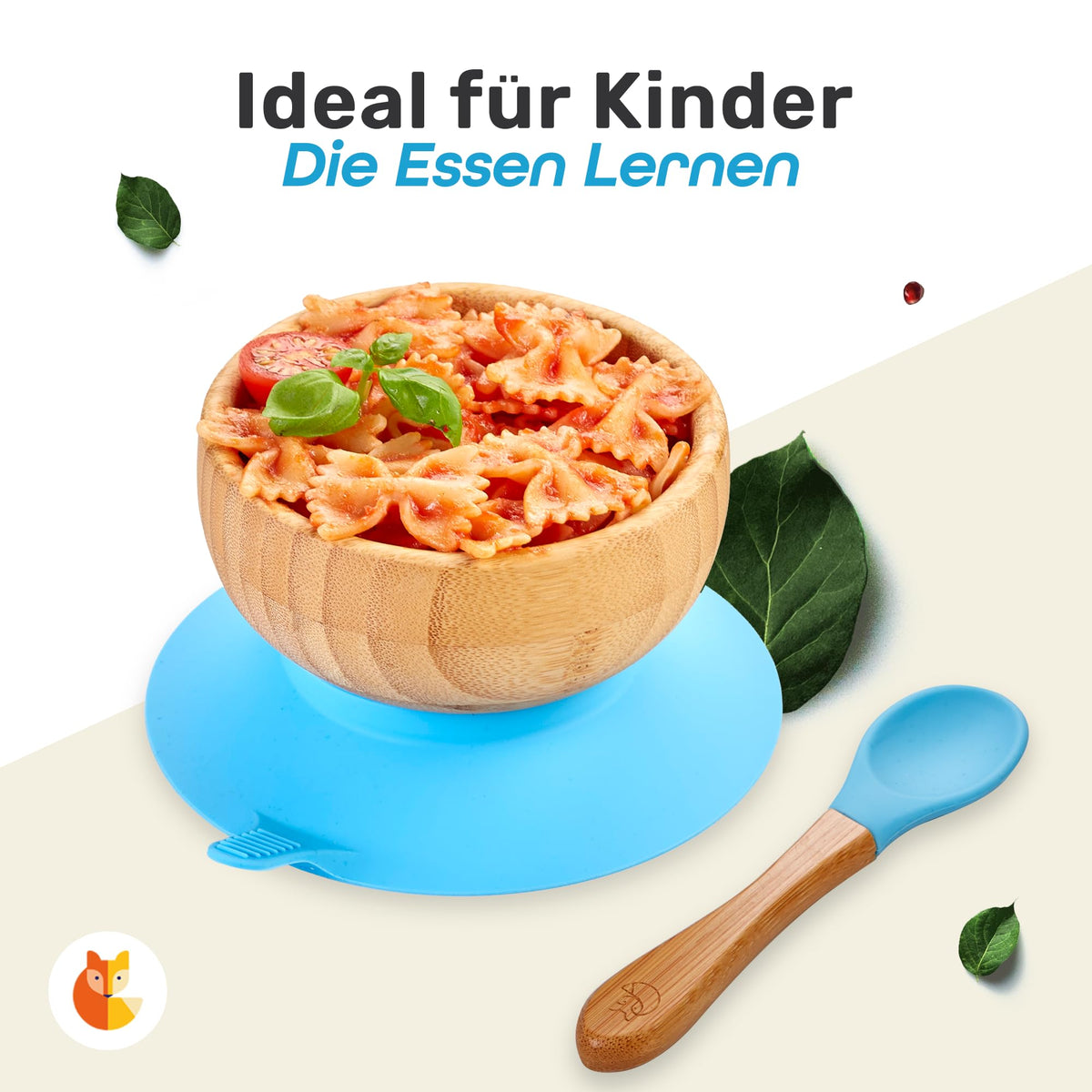 Löffel- und Saugnapfset für Kinder - Hellblau mit Holzgriff-Löffel und rutschfester Saugnapfunterlage für sicheres Essenlernen.