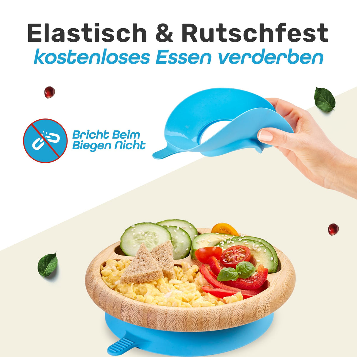 Löffel- und Saugnapfset für Kinder - Hellblau mit elastischer, rutschfester Saugnapfhalterung für sicheres Anhaften an glatten Oberflächen.