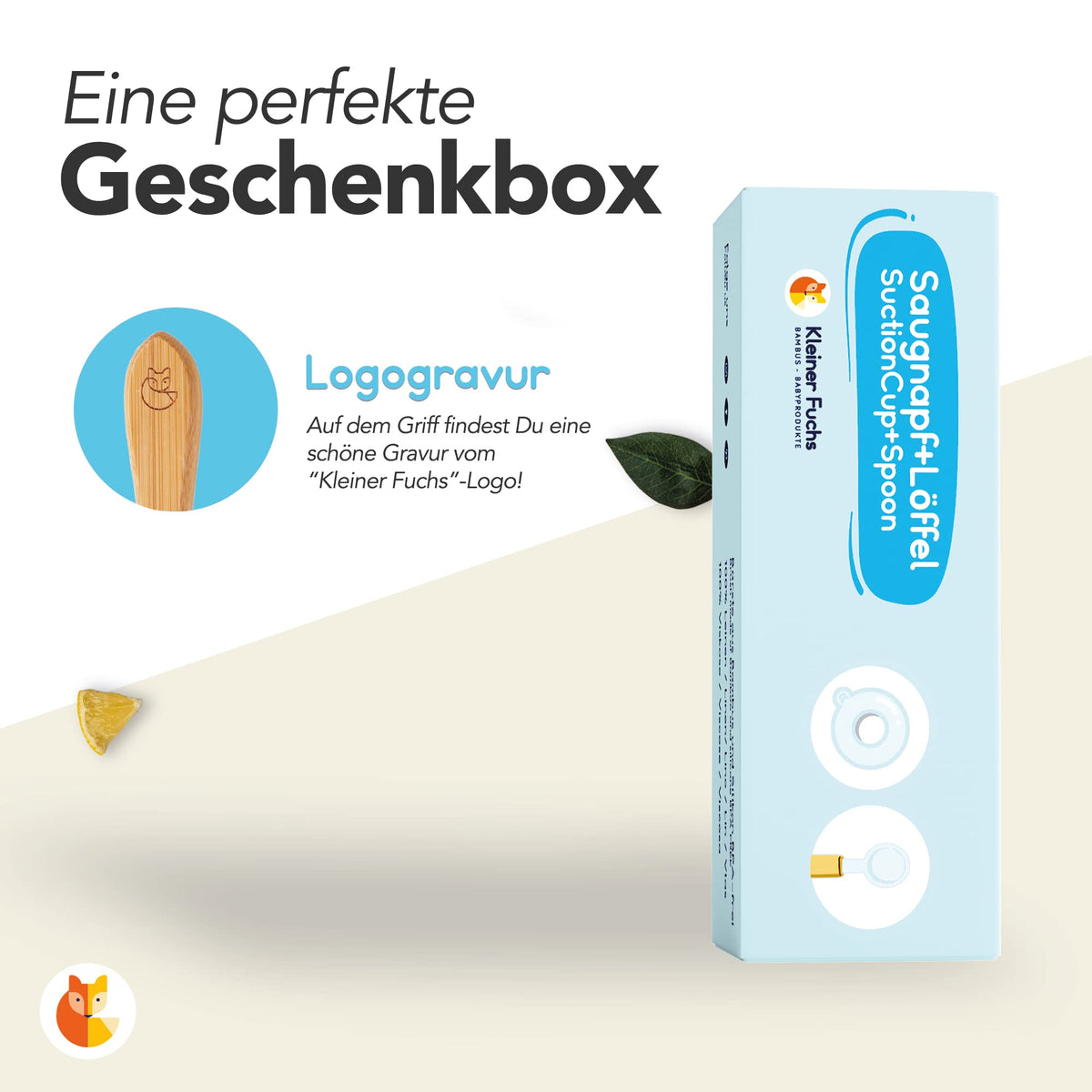 Löffel- und Saugnapfset für Kinder - Hellblau in Geschenkverpackung mit Holzgriff und eingraviertem Kleiner Fuchs-Logo.