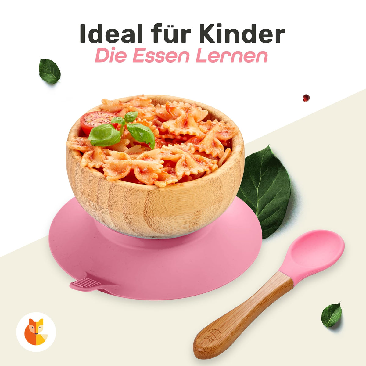 Löffel- und Saugnapfset für Kinder - Pink mit Bambusgriff und rutschfester Saugnapfunterlage perfekt für selbstständiges Essenlernen.
