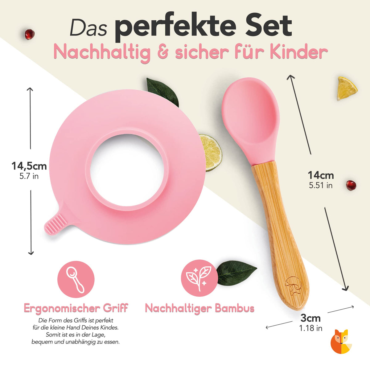 Löffel- und Saugnapfset für Kinder - Pink mit ergonomischem Bambusgriff und flexiblem Silikonsaugnapf für selbstständiges Essenlernen.