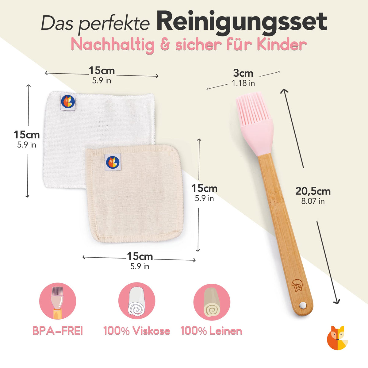 Reinigungs Set 3 tlg. – Rosa mit BPA-freiem Silikonpinsel, 2 weichen Reinigungstüchern aus Viskose und Leinen, nachhaltig und kindersicher.