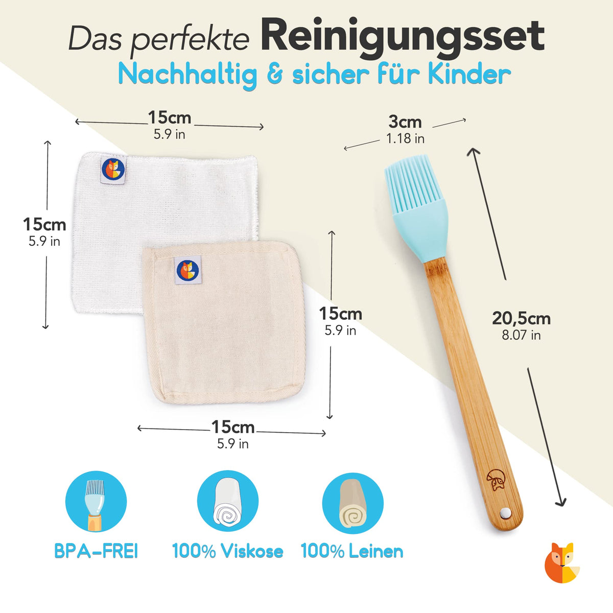 Reinigungs Set 3 tlg. – Hellblau mit BPA-freiem Silikonpinsel, Bambusgriff und wiederverwendbaren Viskose- und Leinen-Tüchern.