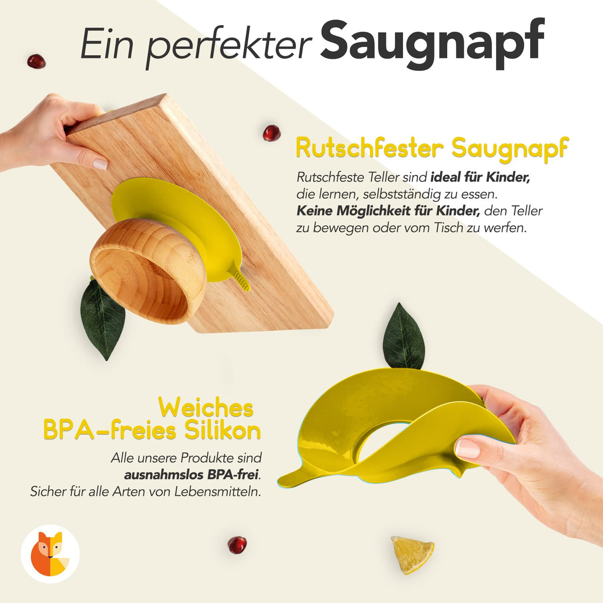 Bambus-Teller für Kinder inkl. Löffel - mit Sternmotiv - Gelb mit rutschfestem Saugnapf und weichem BPA-freiem Silikon für sicheres Essenlernen.