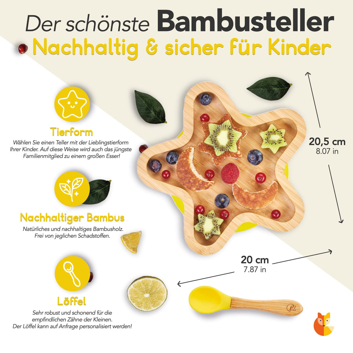 Bambus-Teller für Kinder inkl. Löffel - mit Sternmotiv - Gelb, nachhaltiger Teller aus Bambus mit kindgerechtem Design und geeignet für spielerisches Essenlernen.
