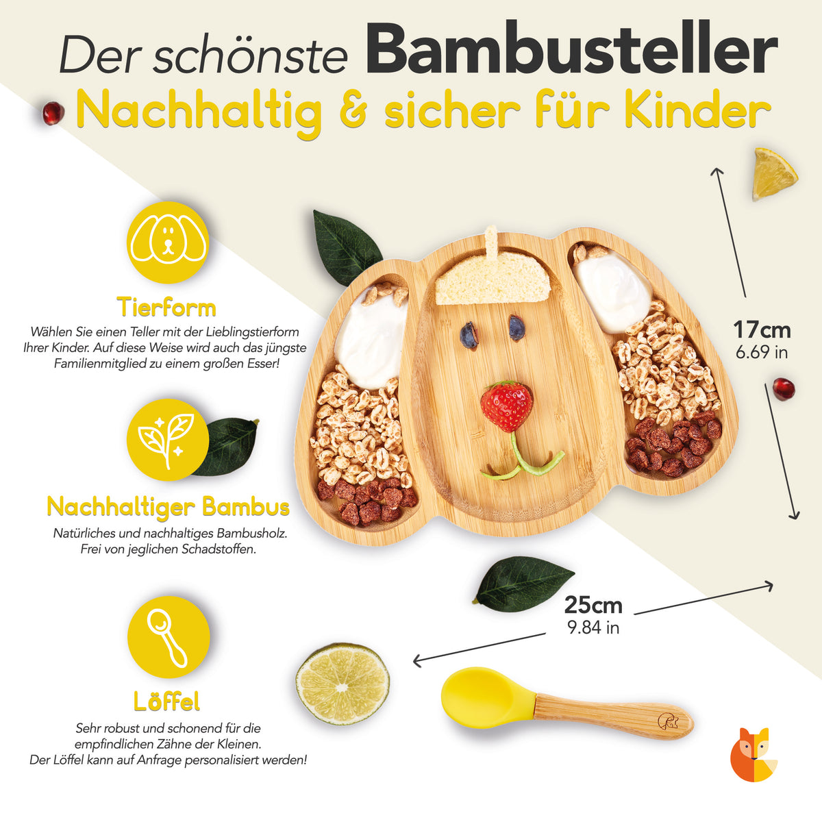 Größenangaben 25 cm und 17 cm Bambus-Teller für Kinder inkl. Löffel - mit Hundemotiv - Gelb