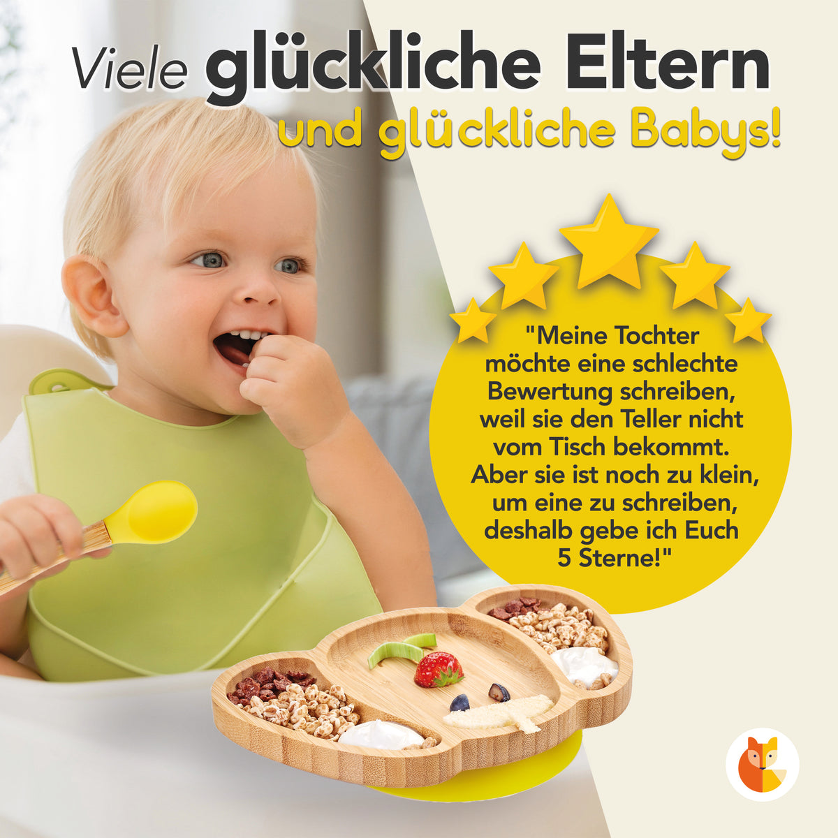 Bambus-Teller für Kinder inkl. Löffel - mit Hundemotiv - Gelb mit Baby beim Essen