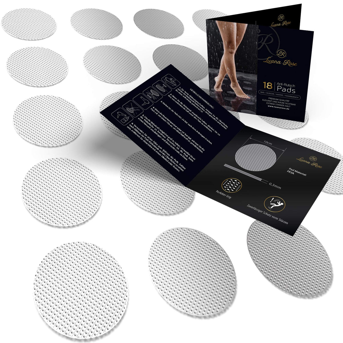 Antirutsch Pads - Ø 10 cm - 18 Stück, runde graue Pads mit strukturierter Oberfläche in Verpackung