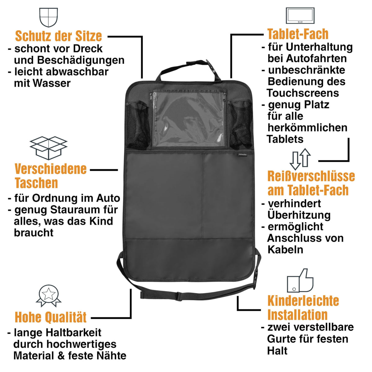 Auto-Rückenlehnenschutz mit Taschen - 1 Stück schützt Sitze, bietet Stauraum, Tabletfach mit Reißverschluss und einfache Montage durch verstellbare Gurte.