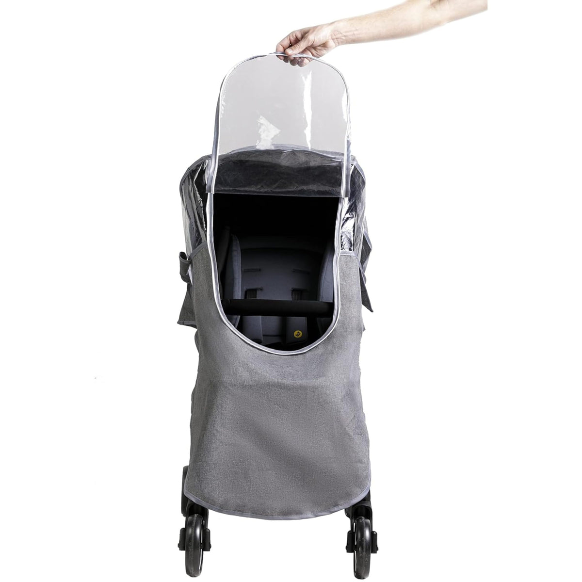 Kinderwagen-Regenschutz mit Reißverschluss - Einheitsgröße schützt vor Regen und lässt sich einfach öffnen für frische Luft und Sichtkontakt.