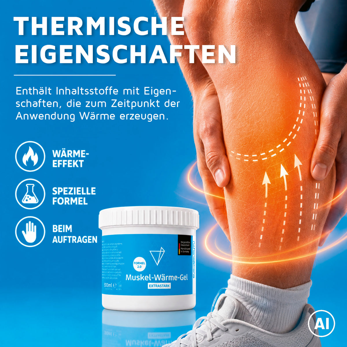Muskel-Wärme-Gel - 500 ml mit thermischen Eigenschaften und Wärmeeffekt an einem angewinkelten Knie dargestellt
