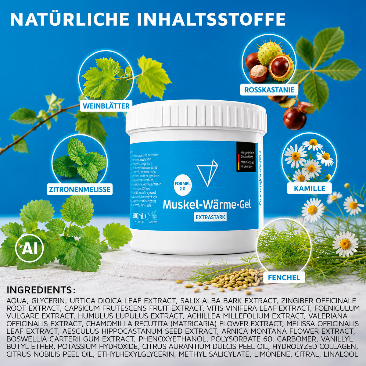 Muskel-Wärme-Gel - 500 ml im weißen Tiegel mit natürlichen Inhaltsstoffen wie Weinblättern Rosskastanie Kamille und Zitronenmelisse
