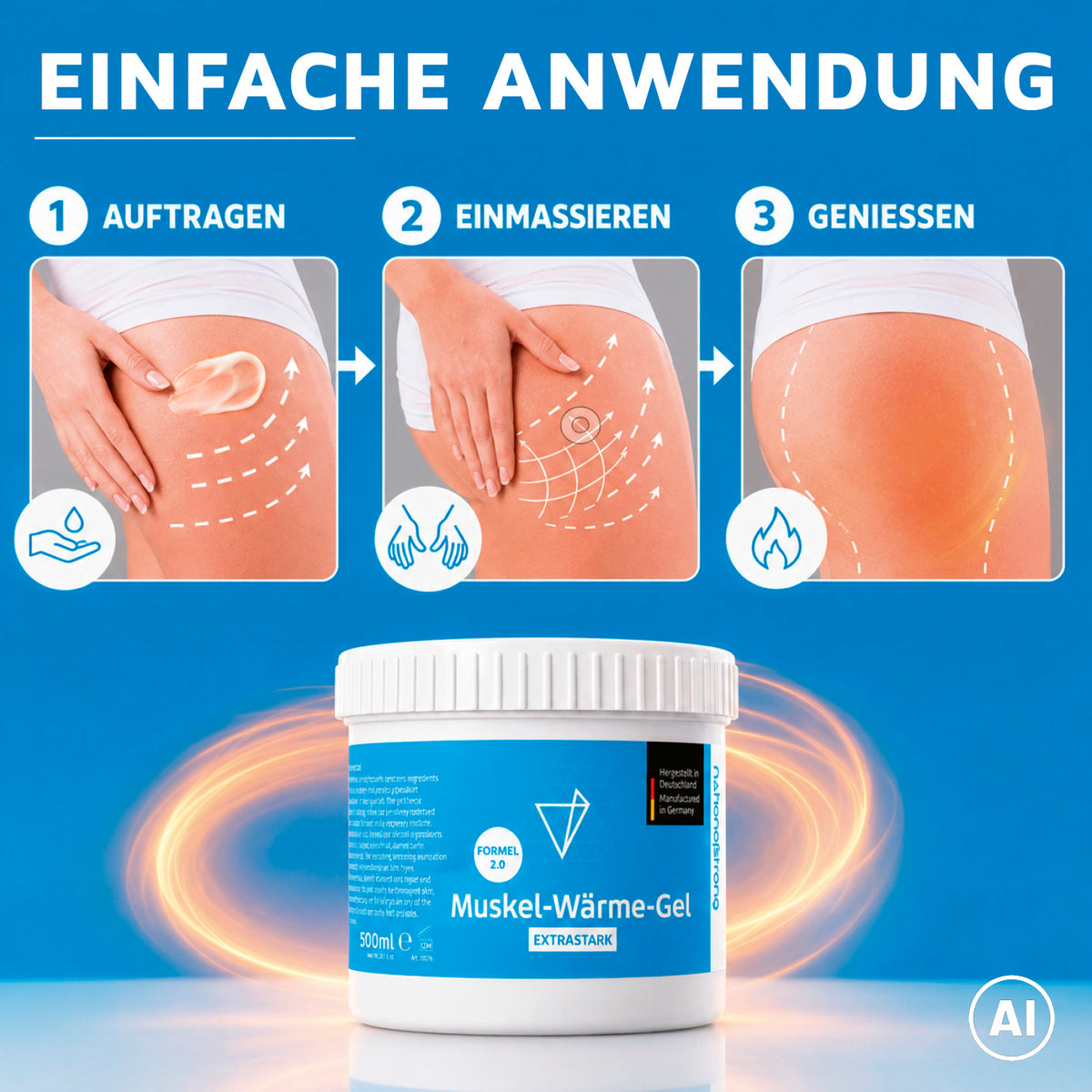 Muskel-Wärme-Gel - 500 ml im Tiegel mit Anleitung zum Auftragen und Einmassieren für wohltuende Wärme