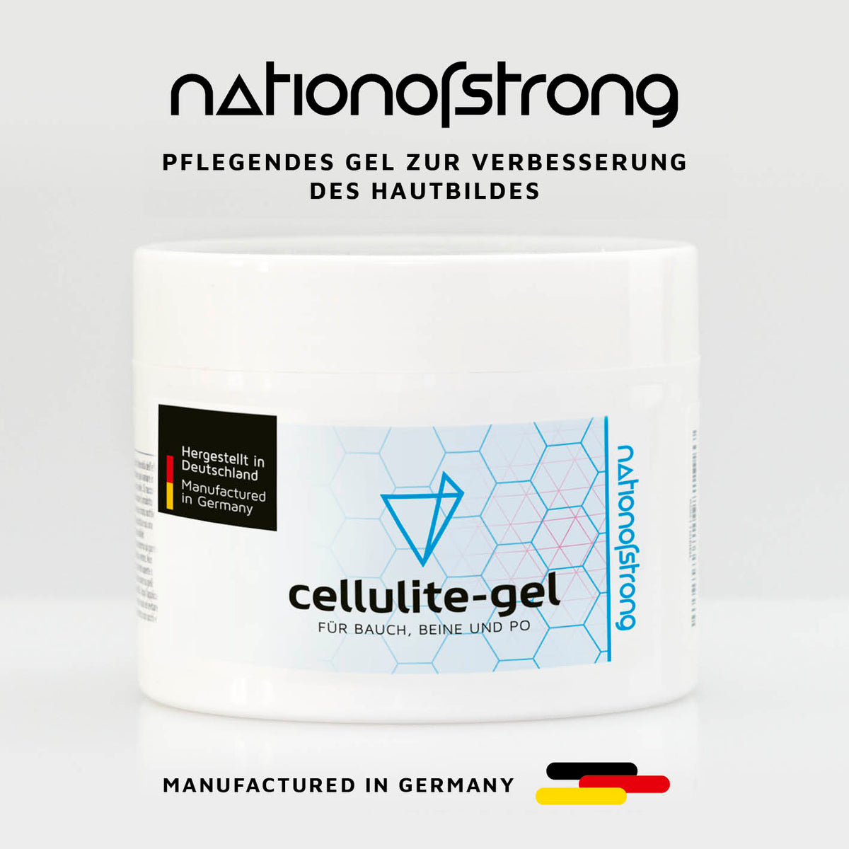 Cellulite Gel - 225 ml in weißem Tiegel mit blauer Schrift, Pflegeprodukt zur Hautbildverbesserung für Bauch, Beine und Po.