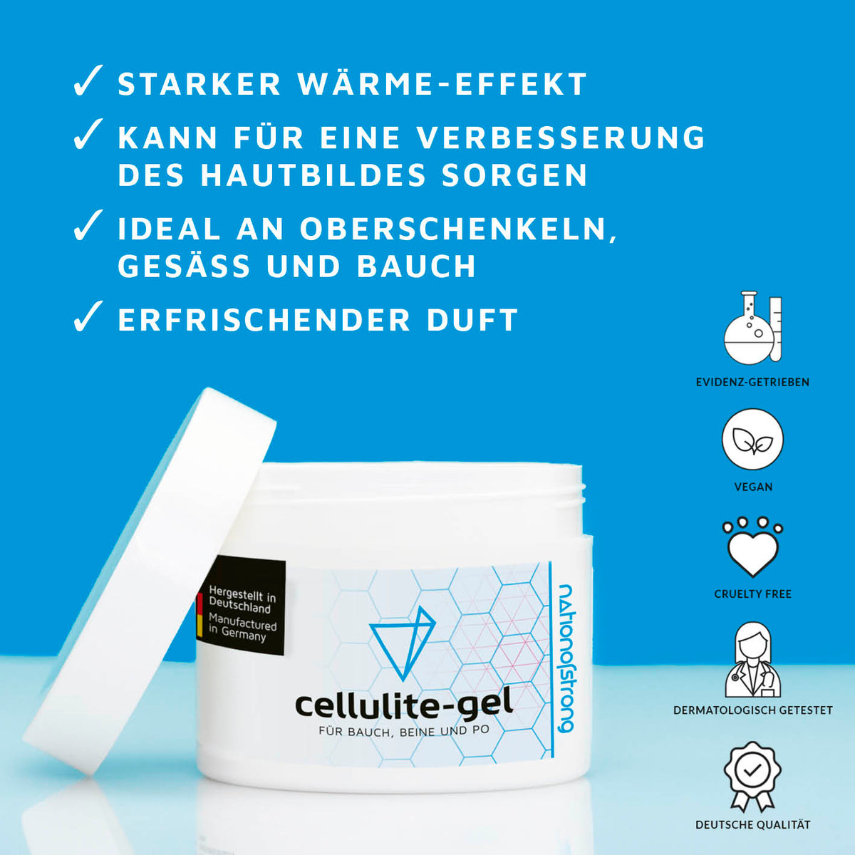 Cellulite Gel - 225 ml mit Wärmeeffekt zur Hautverbesserung, geeignet für Oberschenkel, Gesäß und Bauch, vegan und dermatologisch getestet.