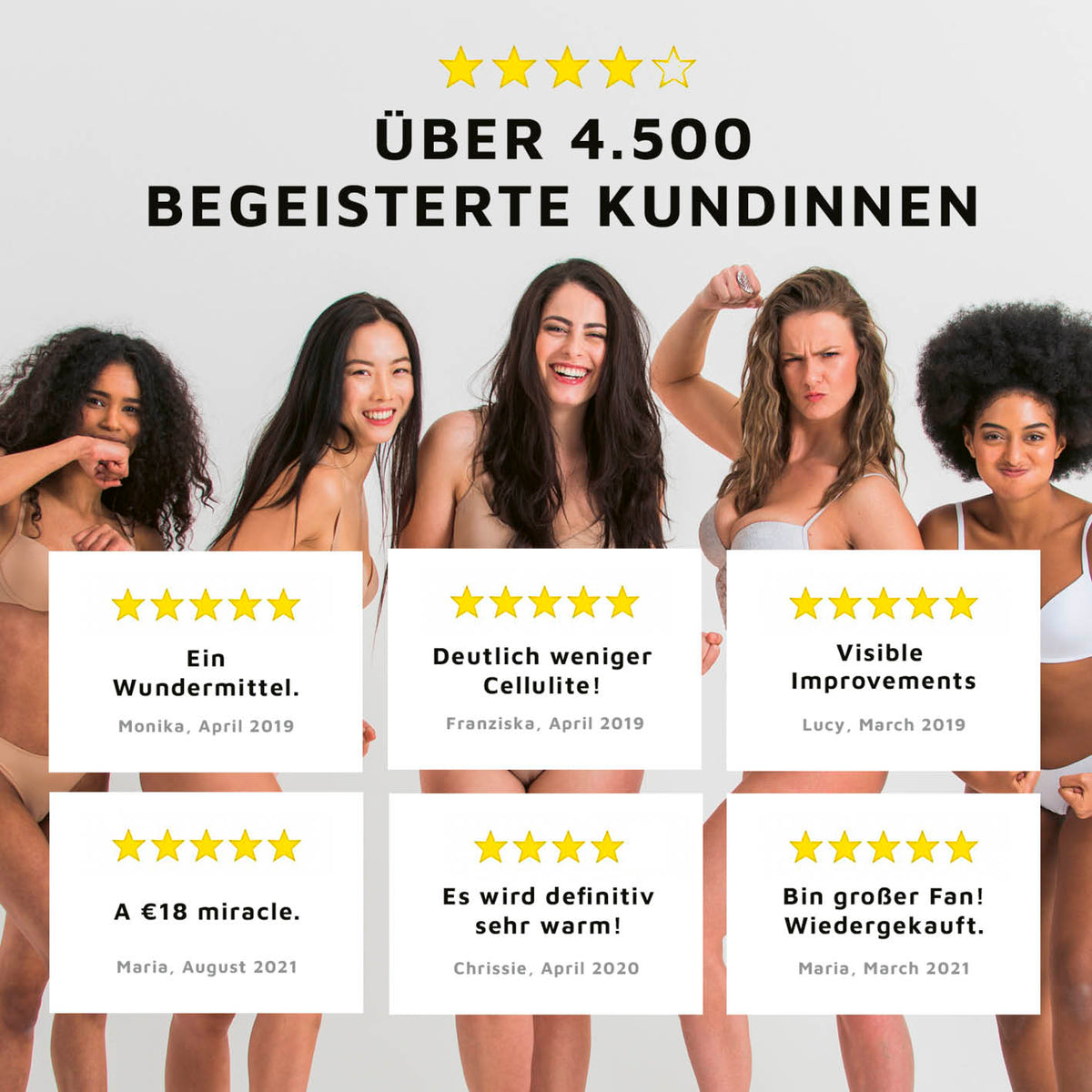 Cellulite Gel - 225 ml zeigt begeisterte Frauen mit positiven Kundenbewertungen zur sichtbaren Hautverbesserung und Pflegewirkung.