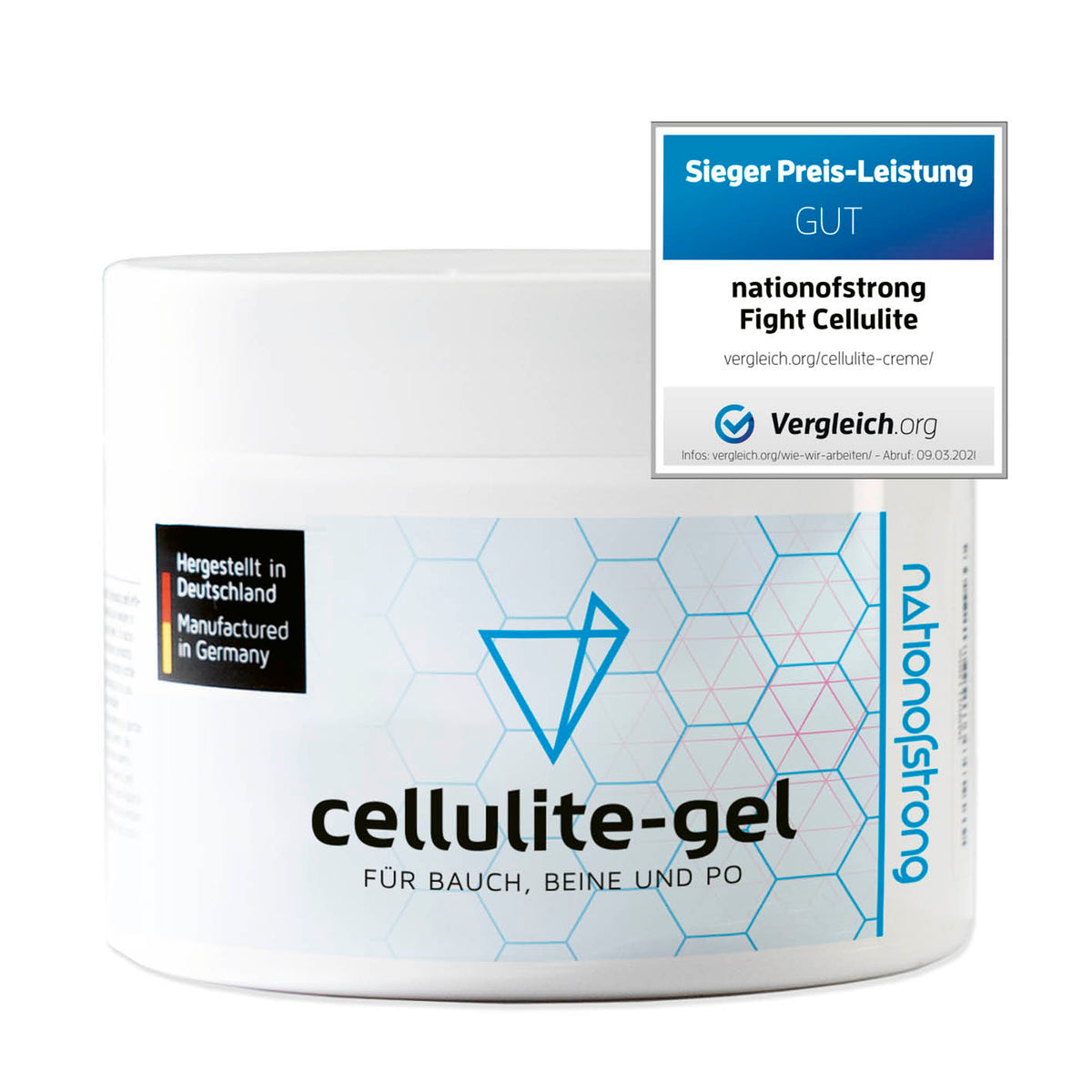 Cellulite Gel - 225 ml im weißen Tiegel, hergestellt in Deutschland, mit Auszeichnung für gutes Preis-Leistungs-Verhältnis.