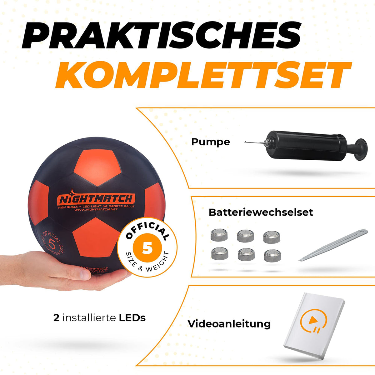 Leuchtfußball - Komplettset - Schwarz-Orange mit Pumpe, Batteriewechselset, Videoanleitung und zwei eingebauten LEDs in Hand gehalten.