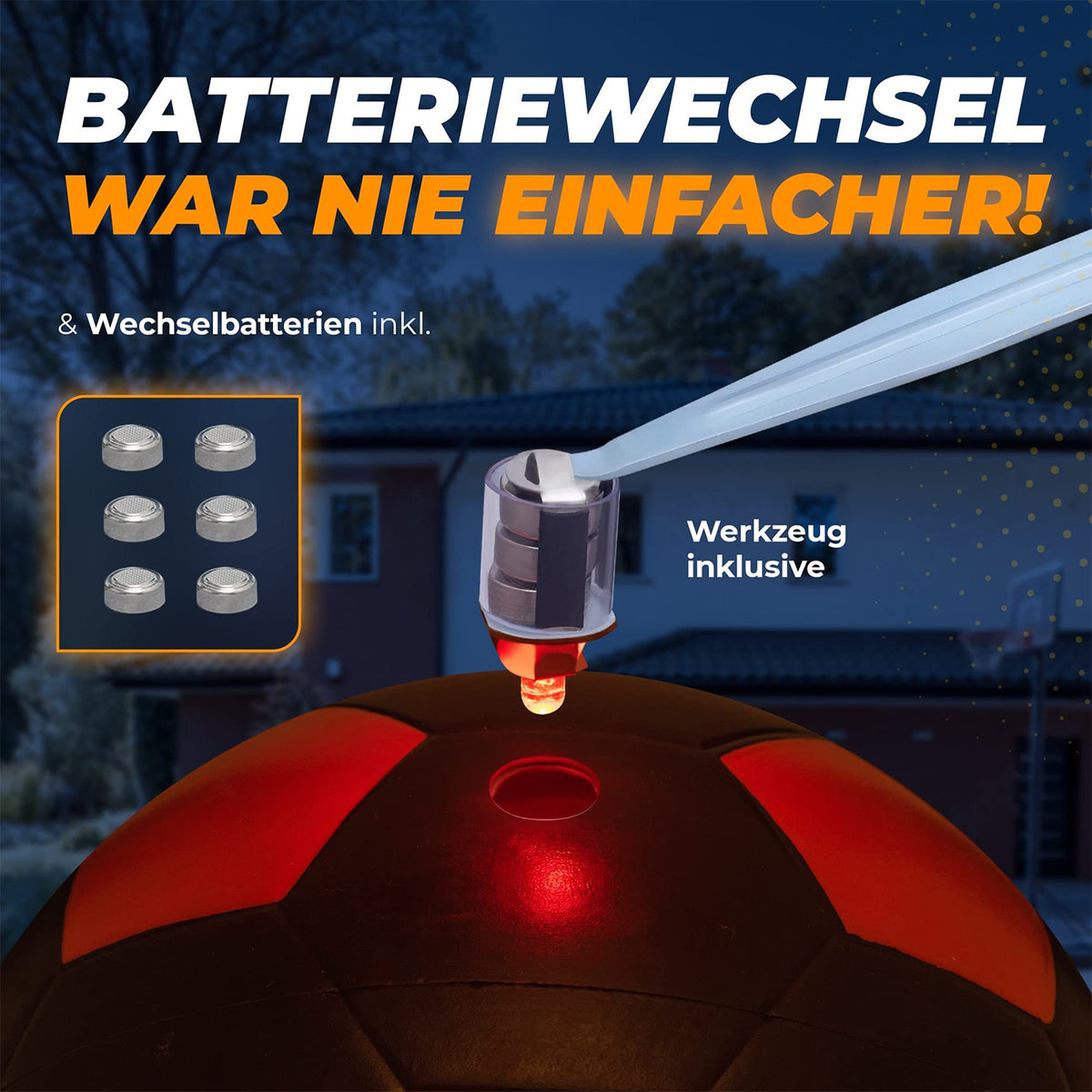 Leuchtfußball - Komplettset - Schwarz-Orange mit einfachem Batteriewechsel, Werkzeug und Wechselbatterien inklusive für nächtlichen Spielspaß.