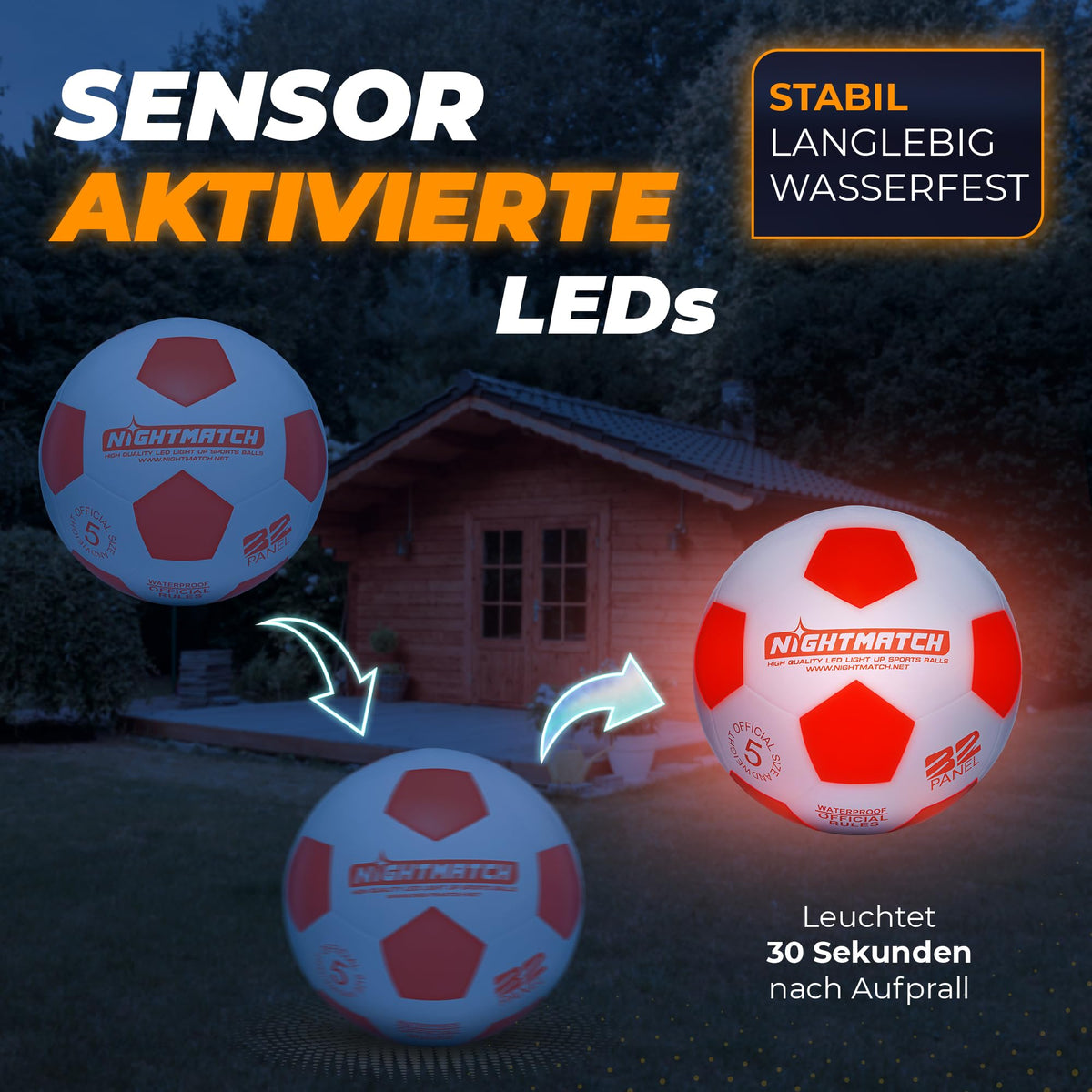 Leuchtfußball - Komplettset - Weiss-Orange mit sensoraktivierten LEDs, die nach Aufprall 30 Sekunden leuchten, stabil, langlebig und wasserfest.