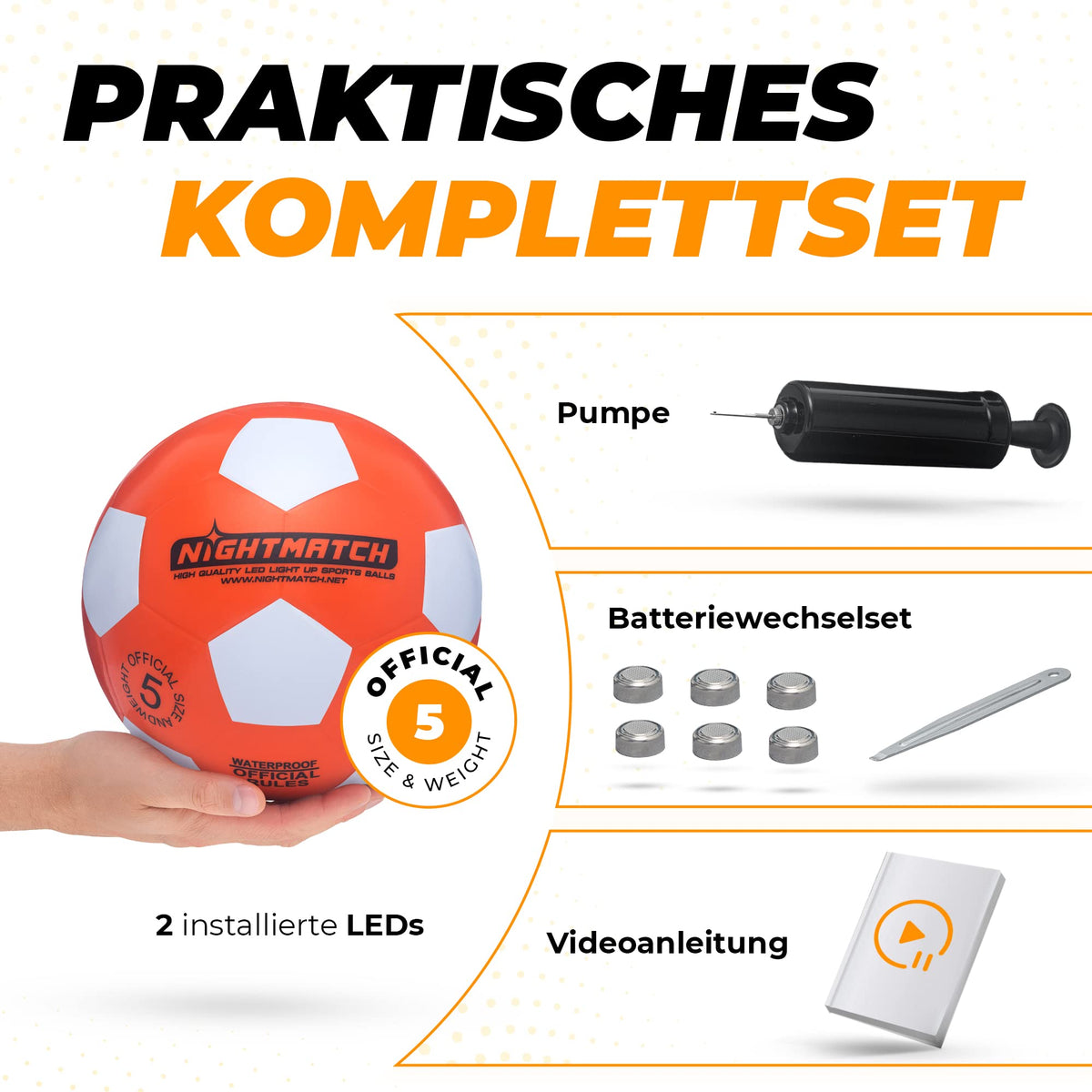 Leuchtfußball - Komplettset - Orange-Weiss mit LED-Lichtern, Pumpe, Batteriewechselset und Videoanleitung für kinderleichtes Aufladen.