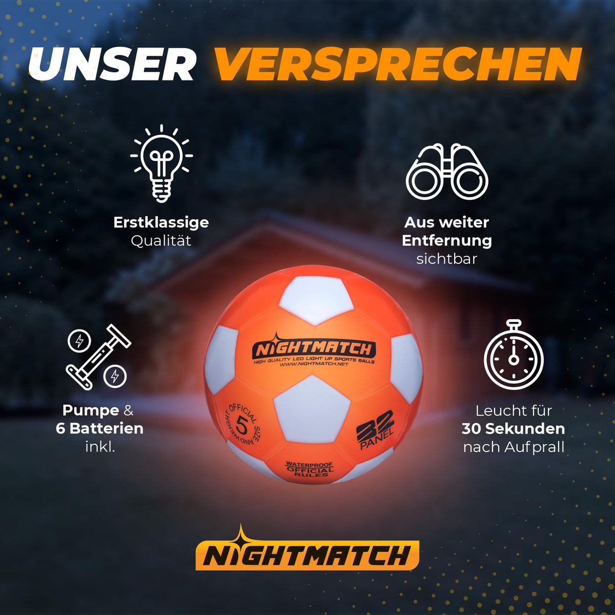 Leuchtfußball - Komplettset - Orange-Weiss mit Wasserdichtigkeit, langer Leuchtdauer, Pumpe, 6 Batterien und guter Sichtbarkeit aus der Ferne.