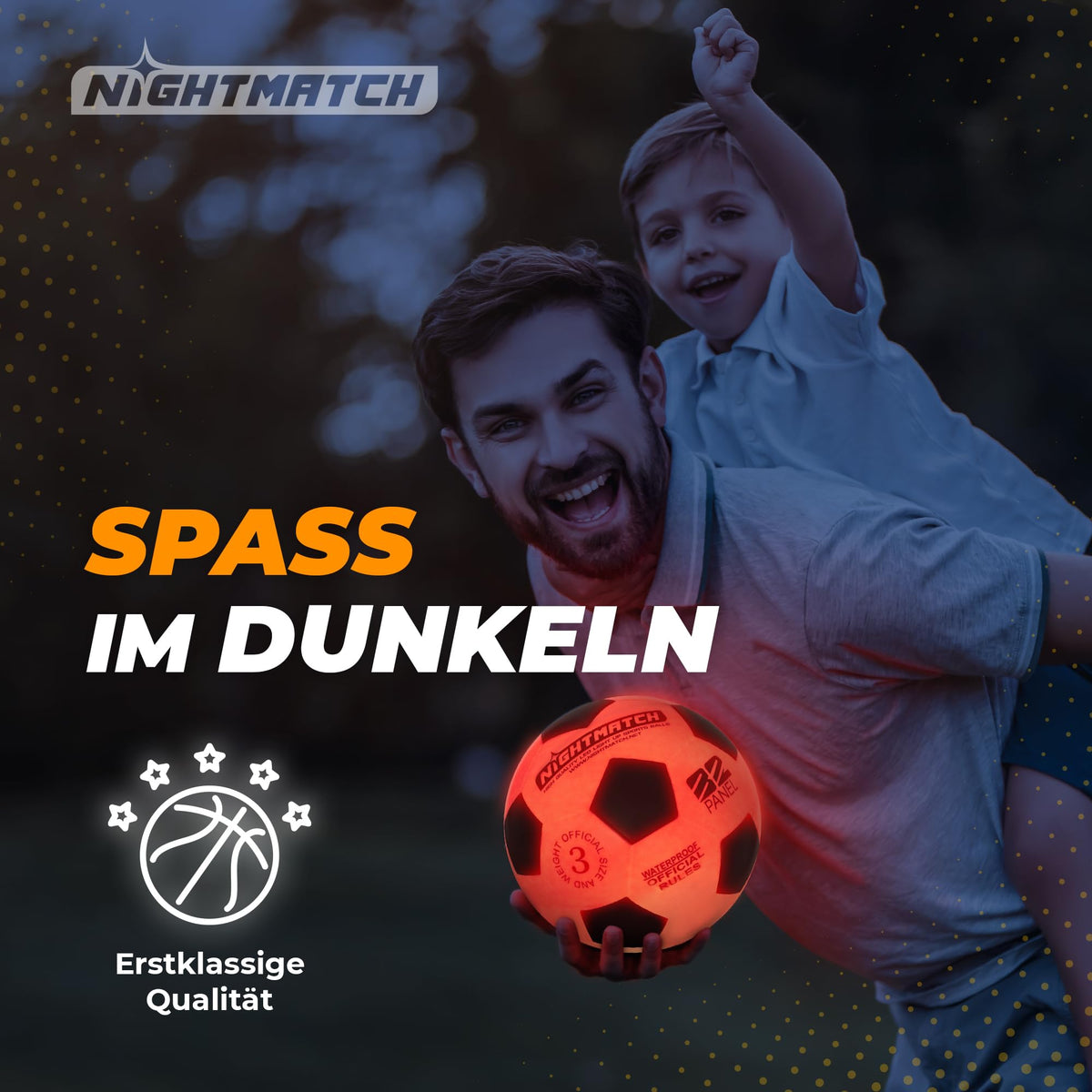 Leuchtfußball - Komplettset - Schwarz-Orange - Gr.3 leuchtet im Dunkeln, ideal für spielerische Aktivitäten bei Nacht mit strahlender Farbe.