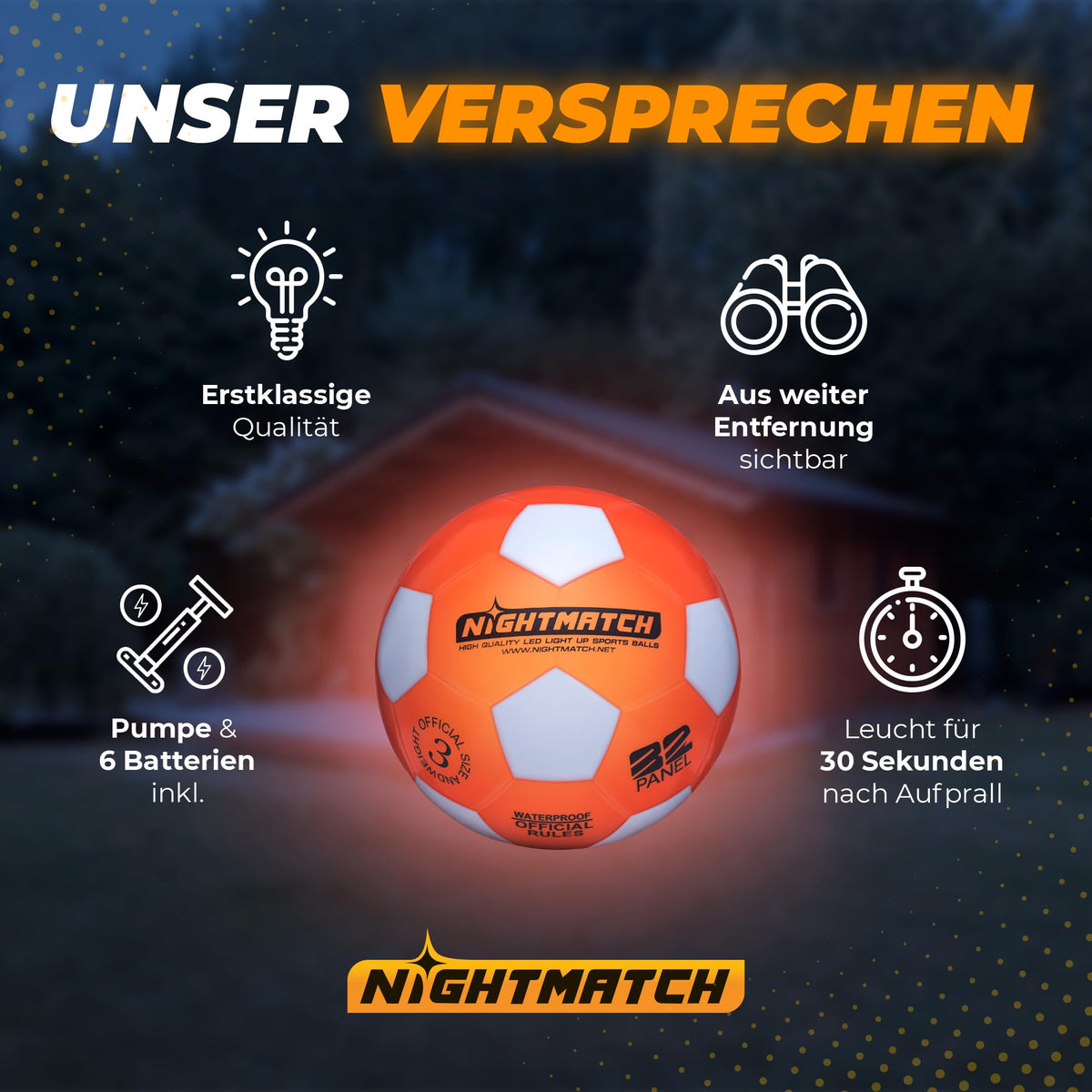 Leuchtfußball - Komplettset - Weiss-Orange - Gr.3 mit leuchtender Oberfläche, 30 Sekunden Beleuchtung nach Aufprall, Pumpe und 6 Batterien inklusive.
