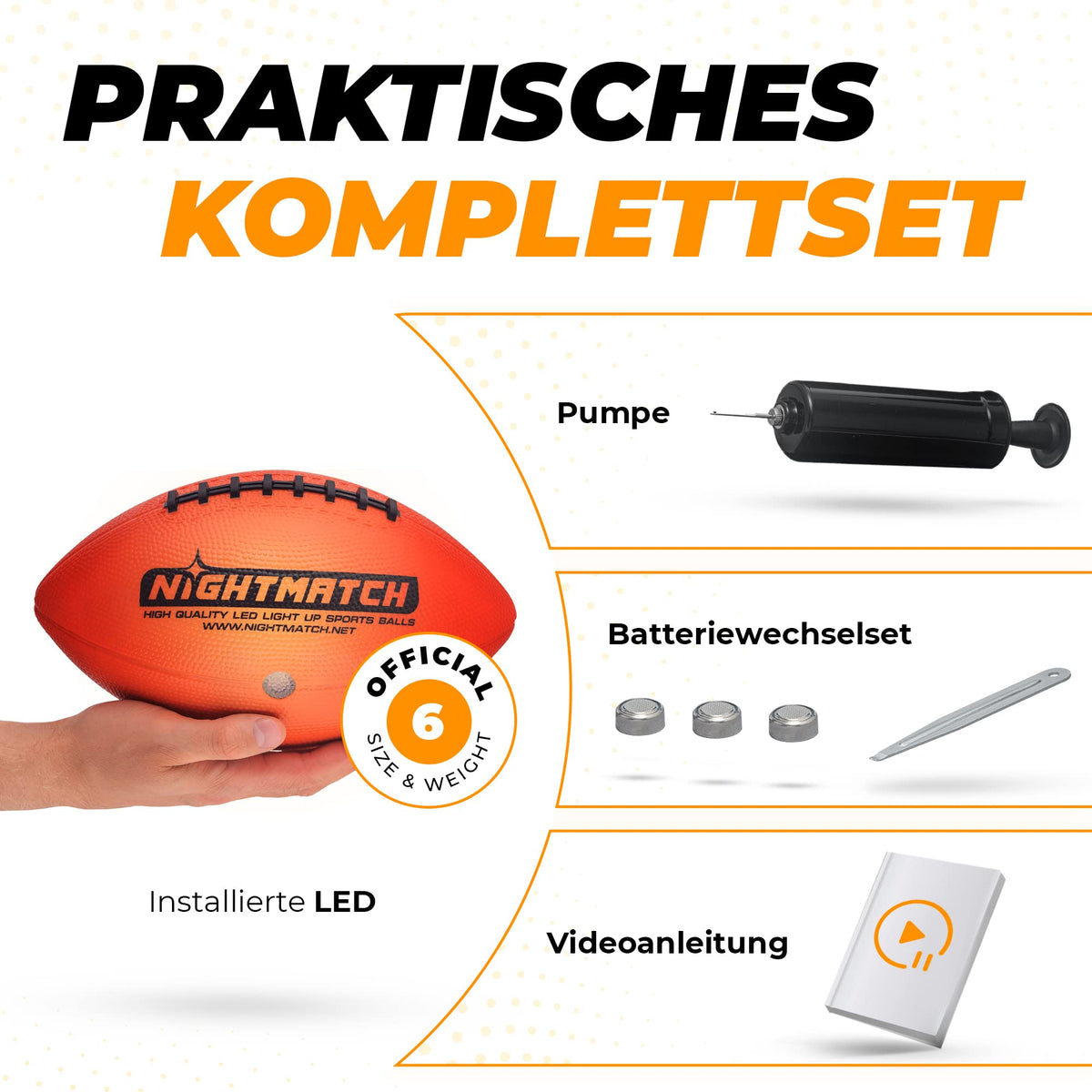 Leuchtfootball - Komplettset - Gr.6 - Orange mit LED, Pumpe, Batteriewechselset und Videoanleitung für einfaches Aufladen und Spielspaß.