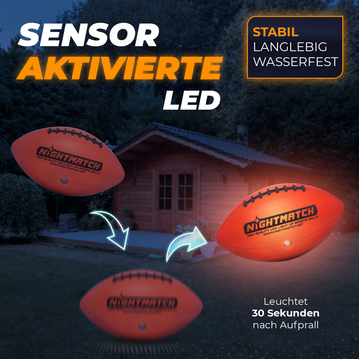Leuchtfootball - Komplettset - Gr.6 - Orange mit sensoraktivierten LEDs, leuchtet 30 Sekunden nach Aufprall, stabil und wasserfest für langlebigen Spielspaß.