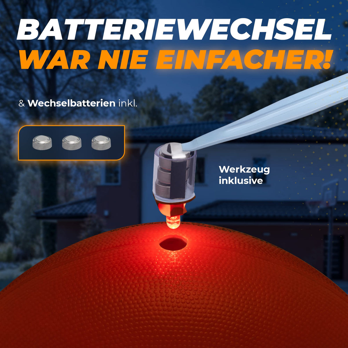 Leuchtfootball - Komplettset - Gr.6 - Orange zeigt einfachen Batteriewechsel mit enthaltenem Werkzeug und Ersatzbatterien für langanhaltenden Spielspaß.