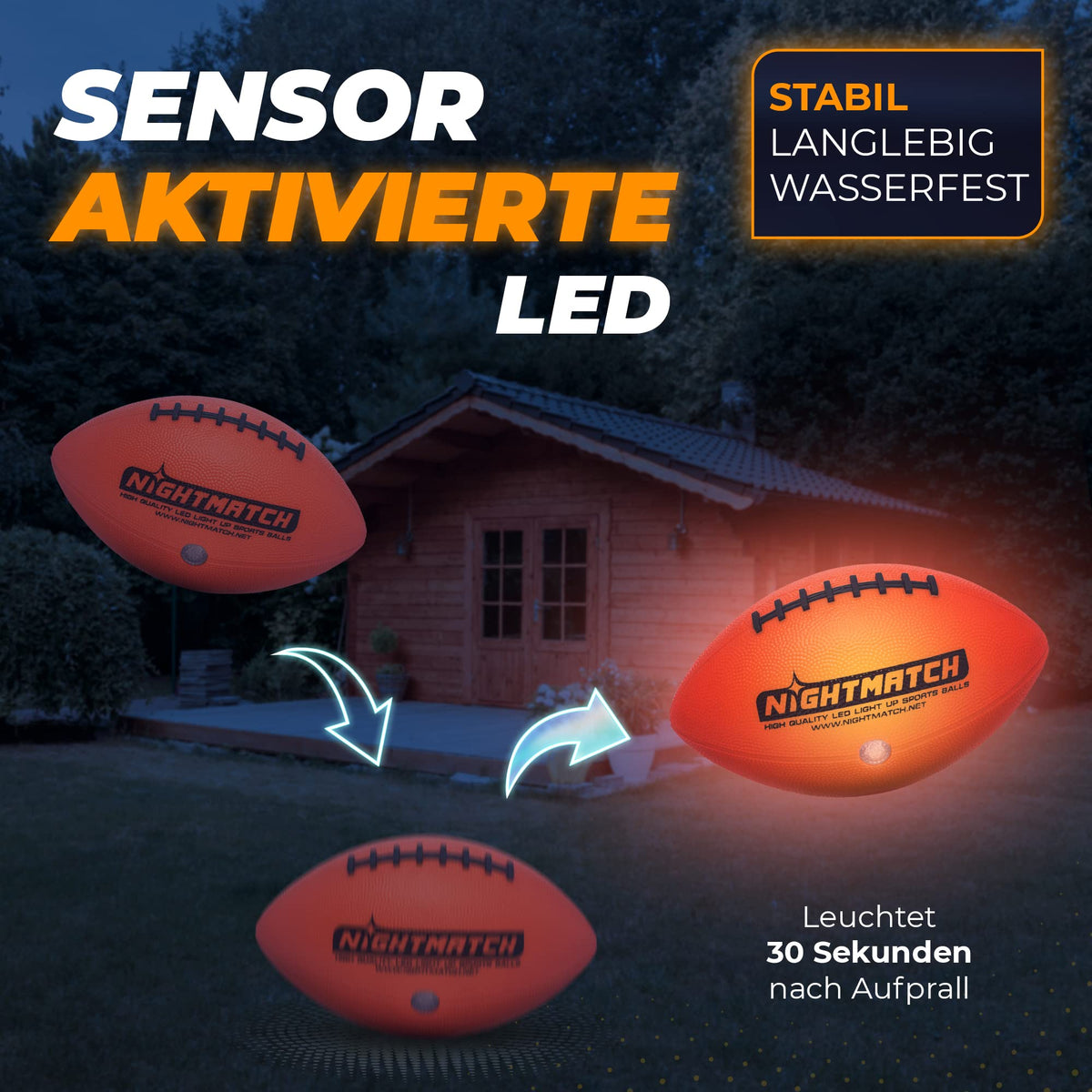 Leuchtfootball - Komplettset - Gr.3 - Orange mit sensoraktivierter LED, leuchtet 30 Sekunden nach Aufprall, wasserfest und langlebig für Outdoor-Spielspaß.