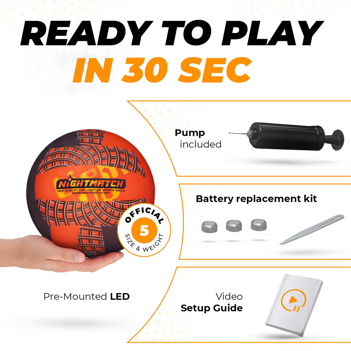 LED Volleyball - Komplettset - Schwarz-Orange mit vorinstallierten LEDs, Pumpe, Batteriewechselset und Videoanleitung für schnellen Spielstart.