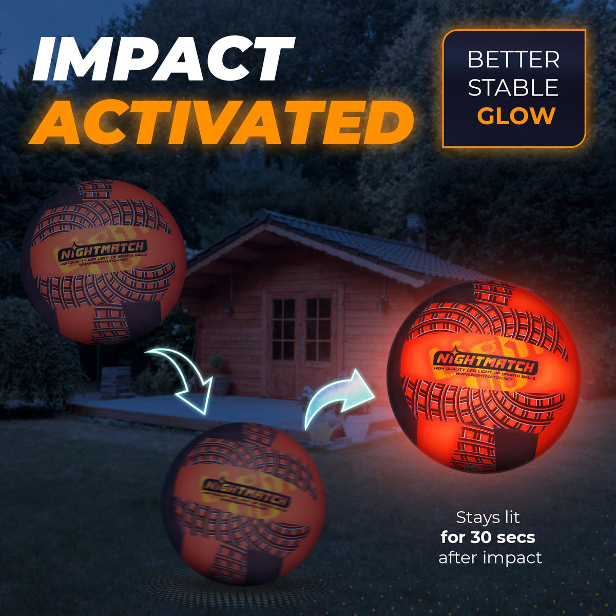 LED Volleyball - Komplettset - Schwarz-Orange leuchtet nach Aufprall bis zu 30 Sekunden und zeigt stabilen, gut sichtbaren Glow im dunklen Garten.