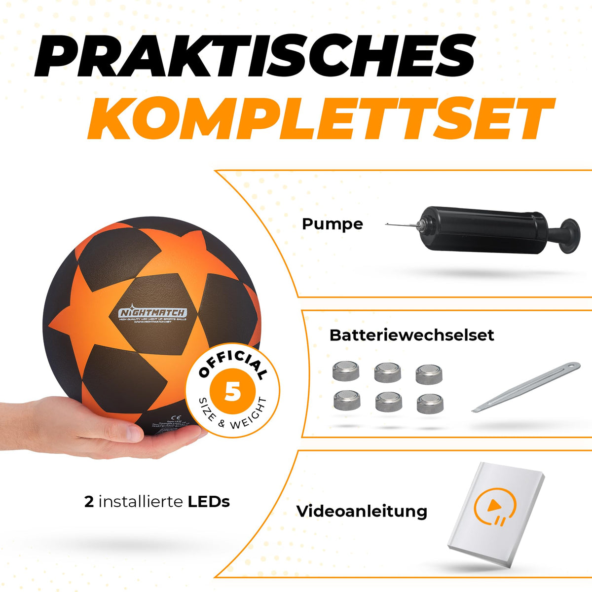 Leuchtfußball - Komplettset - Schwarz-Stern mit Pumpe, Batteriewechselset, Videoanleitung und zwei eingebauten LEDs in Hand gehalten.