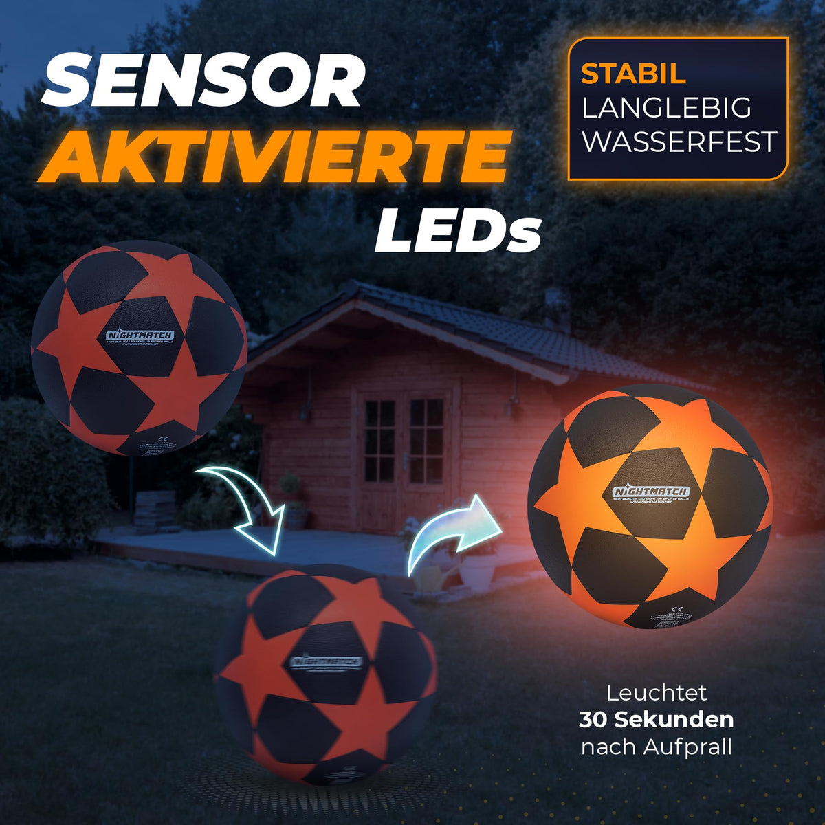 Leuchtfußball - Komplettset - Schwarz-Stern mit sensoraktivierten LEDs, langlebig, wasserfest und leuchtet 30 Sekunden nach Aufprall.