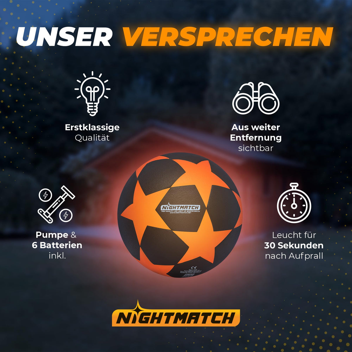 Leuchtfußball - Komplettset - Schwarz-Stern leuchtet nach Aufprall 30 Sekunden, inklusive Pumpe und 6 Batterien, sichtbar aus weiter Entfernung.