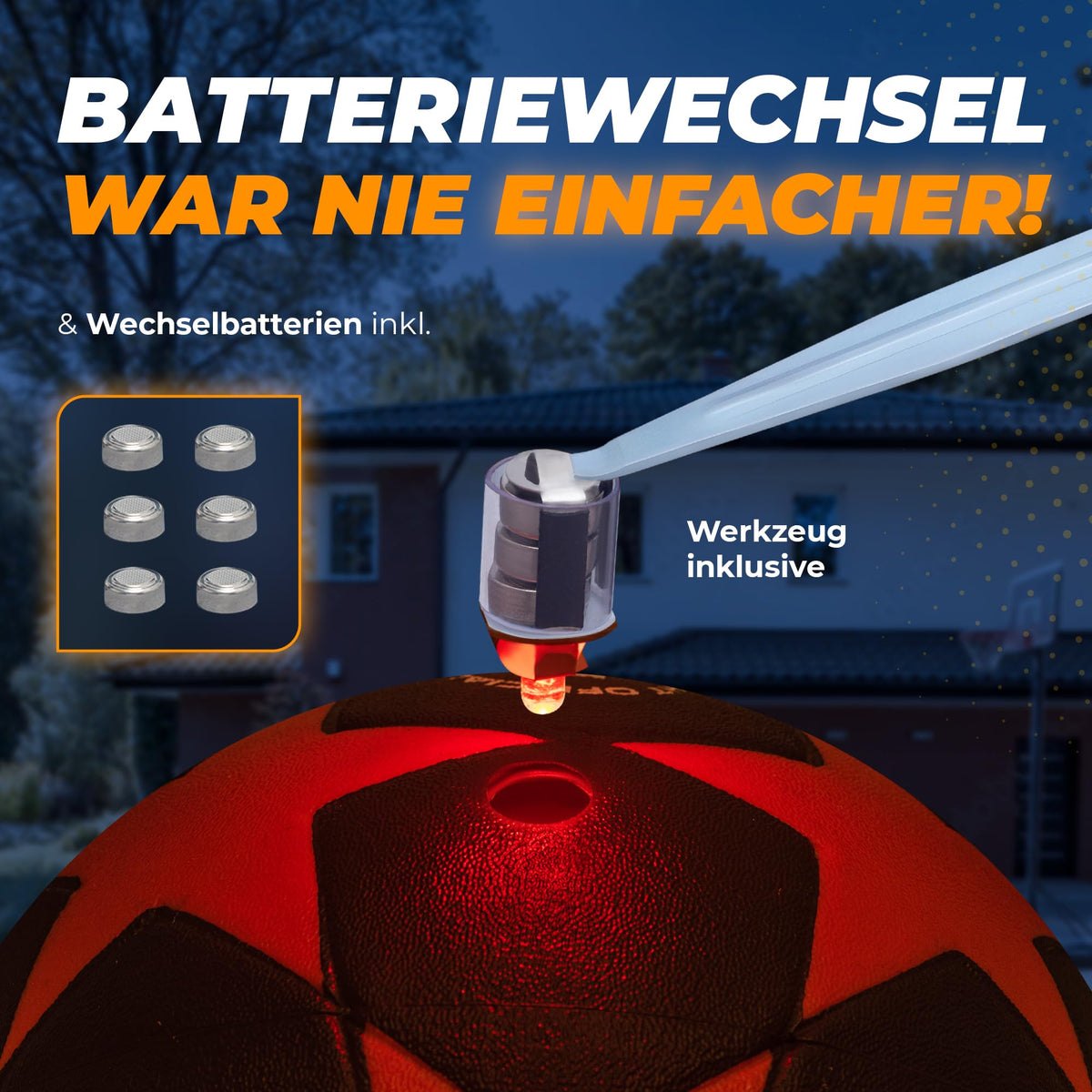 Leuchtfußball - Komplettset - Schwarz-Stern zeigt einfachen Batteriewechsel mit Werkzeug und neuen Knopfzellenbatterien in dunkler Umgebung.