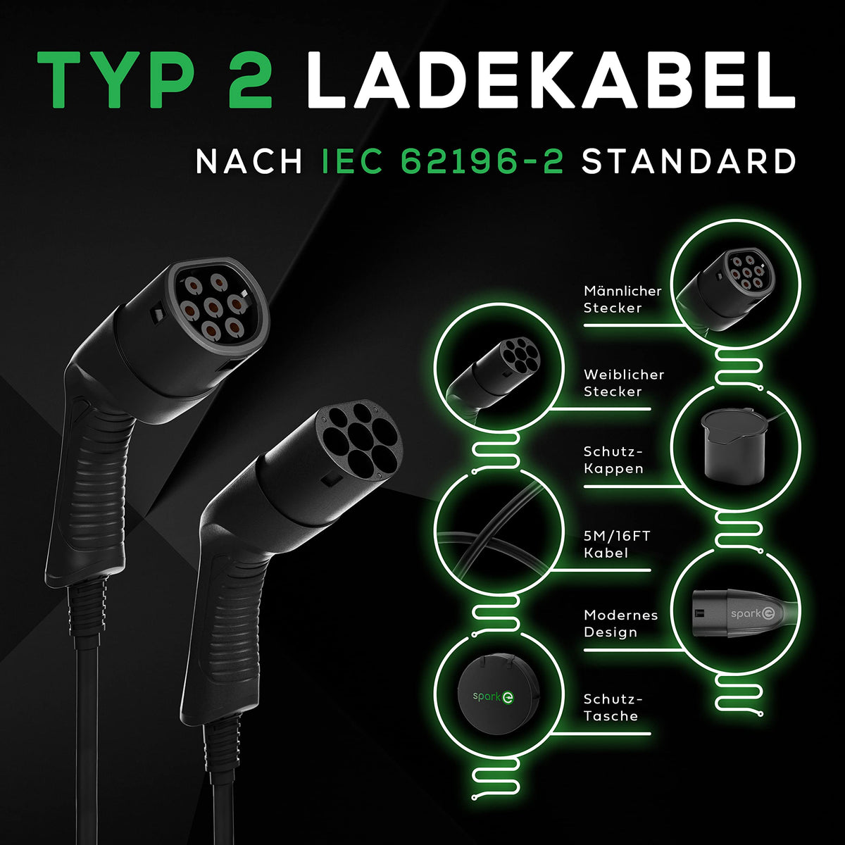 Elektroauto-Ladekabel inkl. Tasche - Typ 2 - 11 kW - 5 m mit Schutzkappen, modernem Design und IEC 62196-2 Standard, männlicher und weiblicher Stecker.