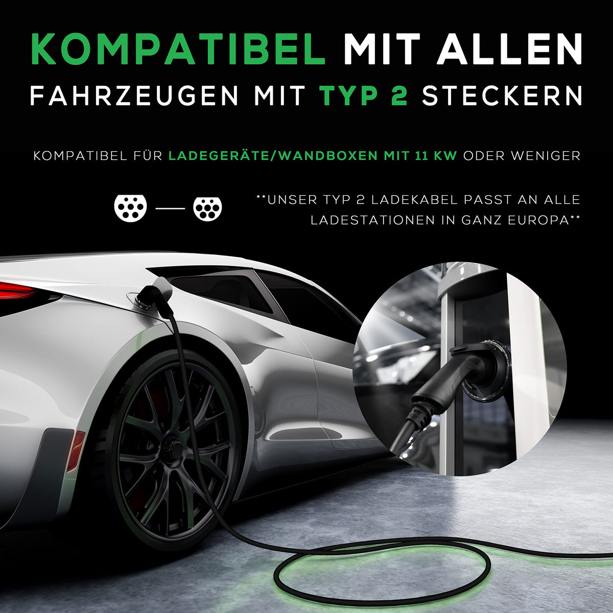 Elektroauto-Ladekabel inkl. Tasche - Typ 2 - 11 kW - 5 m zeigt ein sportliches Fahrzeug beim Laden an einer Ladestation mit Typ 2 Stecker.