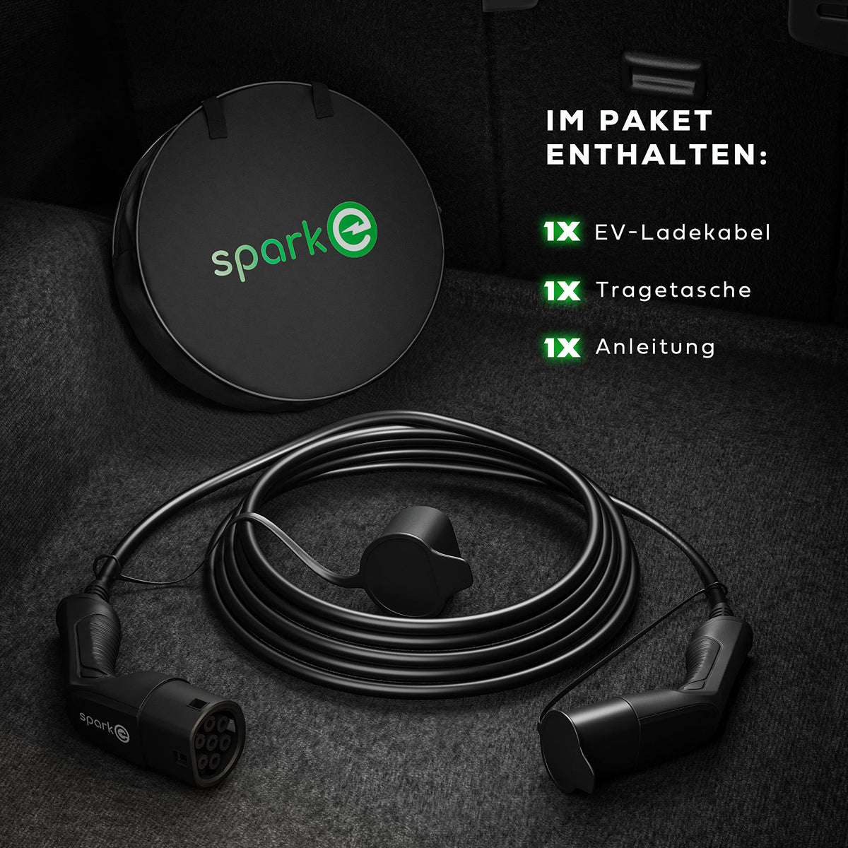 Elektroauto-Ladekabel inkl. Tasche - Typ 2 - 11 kW - 5 m mit Tragebehälter, Stecker und Bedienungsanleitung, schwarz und kompakt im Kofferraum.