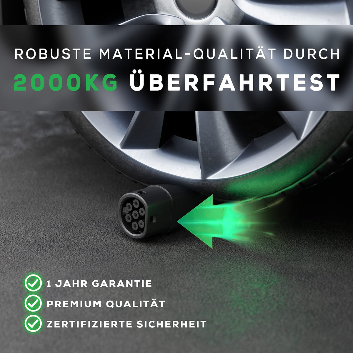 Elektroauto-Ladekabel inkl. Tasche - Typ 2 - 11 kW - 5 m zeigt robusten Stecker nach 2000 kg Überfahrt mit Hinweisen zu Garantie und Sicherheit.