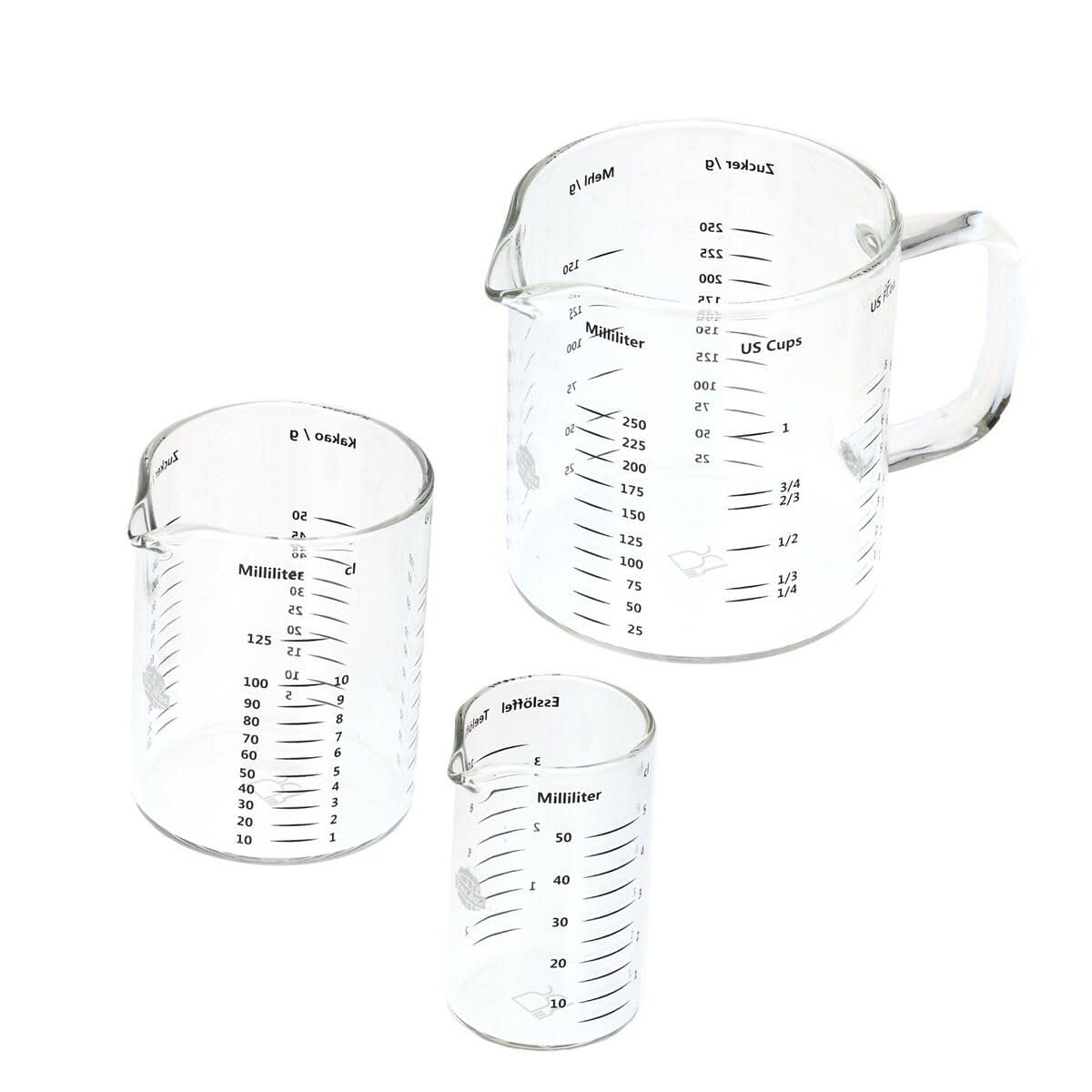 Messbecher - Glas - 3er Set - 50 ml, 125 ml & 250 ml mit klarer Skalierung in ml, cl und US Cups, spülmaschinengeeignet und langlebig.