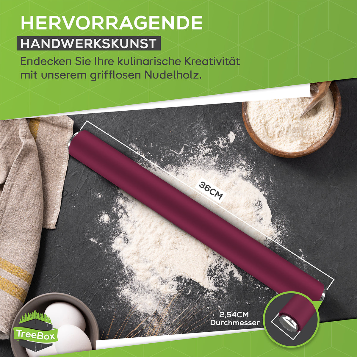 Teigroller aus Silikon - Lila auf bemehlter Oberfläche, ideal zum Ausrollen von Teig ohne Griffe, Länge 36 cm, Durchmesser 2,54 cm.