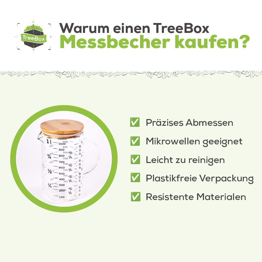 Messbecher - Glas - 1 L - mit Bambusdeckel, mit Skala, mikrowellengeeignet und leicht zu reinigen, umgeben von Vorteilspunkten in grünem Design.