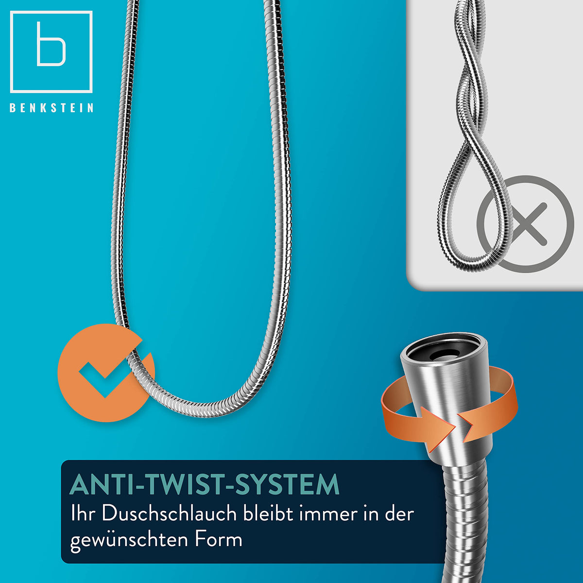 Brauseschlauch Edelstahl - 2 m mit Anti-Twist-System für flexiblen, knickfreien Einsatz und langlebige Nutzbarkeit unter der Dusche.