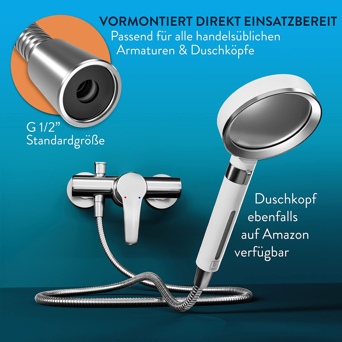 Brauseschlauch Edelstahl - 2 m mit G 1/2” Standardgewinde, kompatibel zu handelsüblichen Armaturen und Duschköpfen, vormontiert und einsatzbereit.