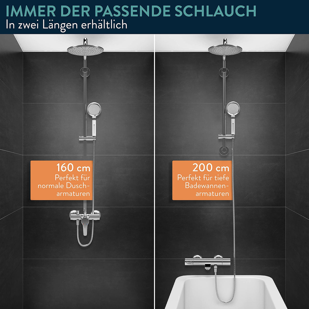 Brauseschlauch Edelstahl - 2 m als flexible Lösung für tiefere Badewannenarmaturen, rostfrei und langlebig mit passgenauer Länge.